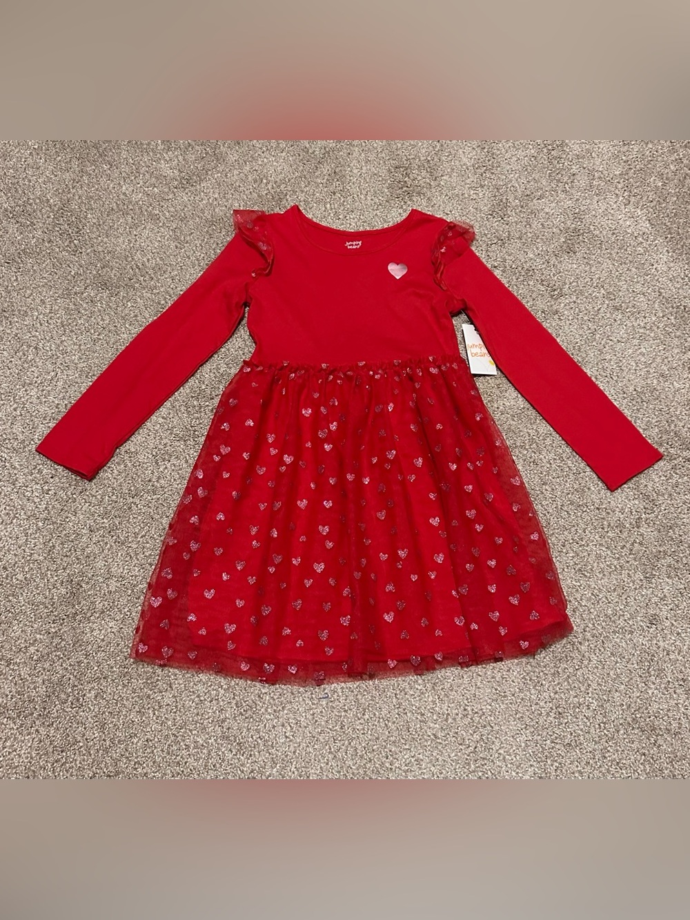 Kids Red Long-Sleeve Heart Tulle Dress